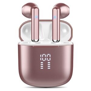 wireless earbuds, bluetooth 5.3 headphones with 4-mics clear call and enc noise cancelling, bluetooth earbuds touch control stereo sound with led display, waterproof running headphones (rose gold)
