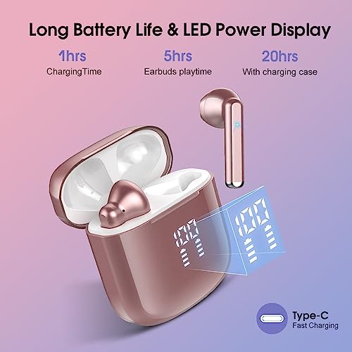 Wireless Earbuds, Bluetooth 5.3 Headphones with 4-Mics Clear Call and ENC Noise Cancelling, Bluetooth Earbuds Touch Control Stereo Sound with LED Display, Waterproof Running Headphones (Rose Gold)