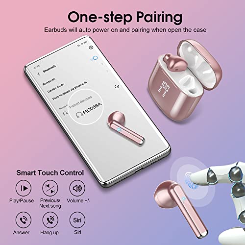 Wireless Earbuds, Bluetooth 5.3 Headphones with 4-Mics Clear Call and ENC Noise Cancelling, Bluetooth Earbuds Touch Control Stereo Sound with LED Display, Waterproof Running Headphones (Rose Gold)