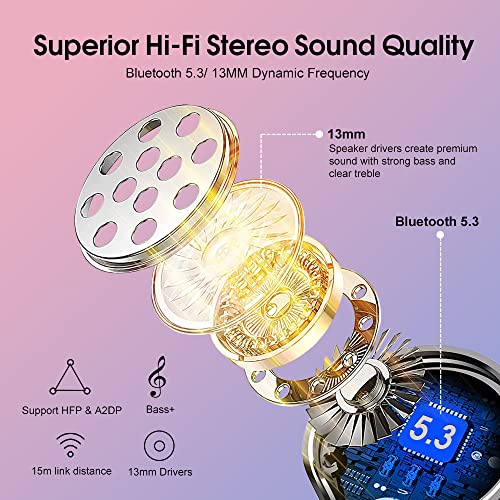 Wireless Earbuds, Bluetooth 5.3 Headphones with 4-Mics Clear Call and ENC Noise Cancelling, Bluetooth Earbuds Touch Control Stereo Sound with LED Display, Waterproof Running Headphones (Rose Gold)