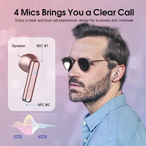 Wireless Earbuds, Bluetooth 5.3 Headphones with 4-Mics Clear Call and ENC Noise Cancelling, Bluetooth Earbuds Touch Control Stereo Sound with LED Display, Waterproof Running Headphones (Rose Gold)