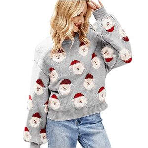 Womens Teen Girls Cute Santa Claus Pattern Pullover Sweaters Funny Ugly Christmas Sweaters Winter Long Sleeve Knit Tops Gray