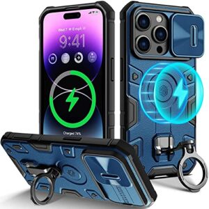 wefor case for iphone 14 pro max case with stand, slide camera cover, military grade shockproof portective case compatible with magsafe wireless charger&magnetic car mount holder (blue)