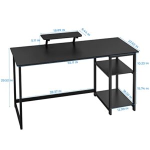 GreenForest Computer Home Office Desk with Monitor Stand and Reversible Storage Shelves,55 inch Modern Simple Writing Study PC Work Table,Black