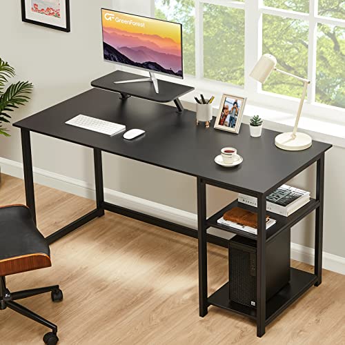 GreenForest Computer Home Office Desk with Monitor Stand and Reversible Storage Shelves,55 inch Modern Simple Writing Study PC Work Table,Black
