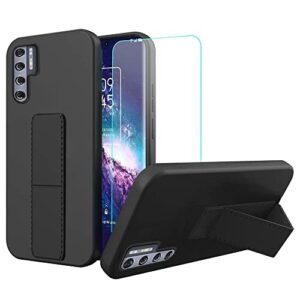 sitikai case for tcl 20 pro 5g phone case, stand phone case with tempered glass screen protector hide telescopic folding kickstand shockproof protective cover case for tcl 20 pro 5g - black