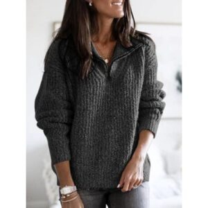 Fall Sweaters for Women 2022 Plus Size Solid Color Zip-up Plain Ribbed Knitted Tops Long Sleeve Pullover Knitwear (Dark Grey,XL)