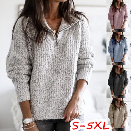 Fall Sweaters for Women 2022 Plus Size Solid Color Zip-up Plain Ribbed Knitted Tops Long Sleeve Pullover Knitwear (Dark Grey,XL)