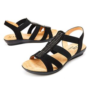 vjh confort women's flat sandals with rhinestone open toe elastic slip on slingback comfort casual walking sandals(black 5)