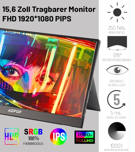 ADPOP Portable Monitor, 15.6'' IPS FHD 1080P with USB-C & HDMI for Gaming Office and Travel,Ultra-Slim HDR Display, Premium Smart Cover & Speakers,for Laptop/PC/Mac/Phone/Xbox/PS5/PS4/Switch