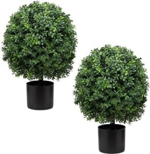 set of 2 -pre-potted artificial potted shrubs uv resistant,24" artificial boxwood topiary ball tree,for indoor and outdoor home garden(green)