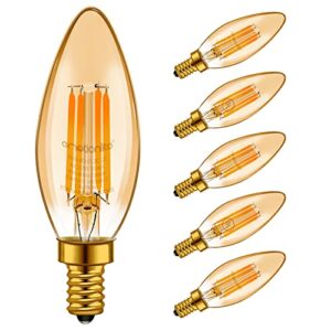 emotionlite led light bulbs, dimmable candelabra bulbs, e12 base, amber yellowish, chandelier light, ceiling fan bulb, 40w equivalent, 4w, 2200k, 350lm, ul listed, 6 pack