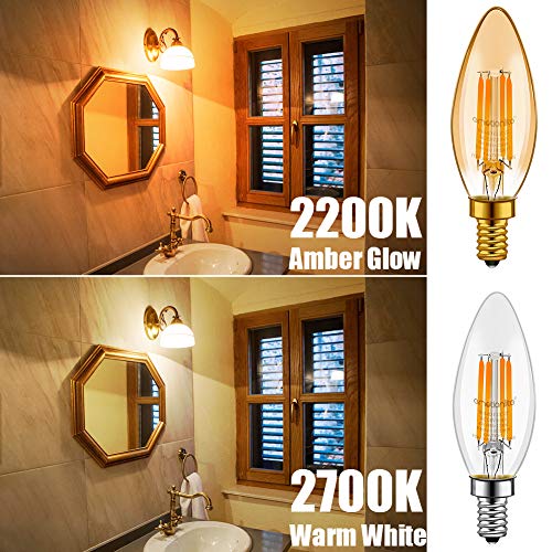 Emotionlite LED Light Bulbs, Dimmable Candelabra Bulbs, E12 Base, Amber Yellowish, Chandelier Light, Ceiling Fan Bulb, 40W Equivalent, 4W, 2200K, 350LM, UL Listed, 6 Pack