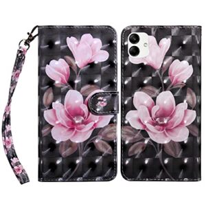 oopkins compatible with samsung galaxy a04 case,3d effect painted pu leather wallet case with wrist strap card slots shockproof cover for samsung galaxy a04 pink flower black bx