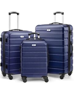 luggage 3 piece sets hard shell luggage set spinner wheels, tsa lock, 20 24 28 inch travel suitcase sets, dark blue