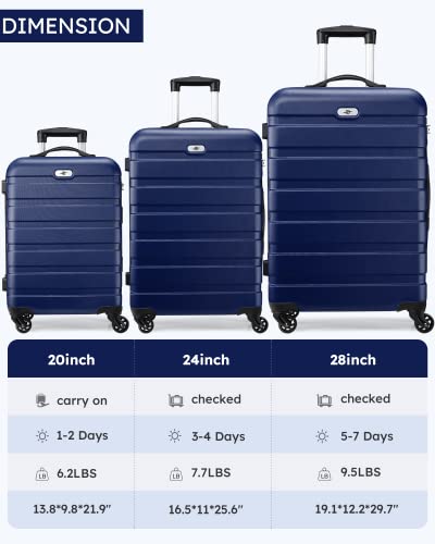 Luggage 3 Piece Sets Hard Shell Luggage Set Spinner Wheels, TSA Lock, 20 24 28 inch Travel Suitcase Sets, Dark Blue