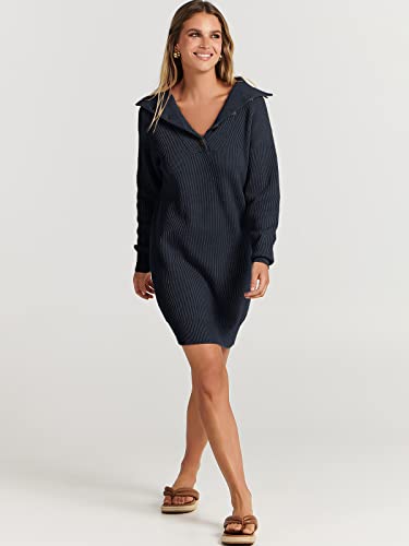 ANRABESS 2023 Fall Long Sleeve Womens Sweater Dress Oversized Lapel Collar Button V Neck Ribbed Loose Fit Casual Trendy Pullover Short Mini Fashion Dresses B782zanglan-L Navy Blue