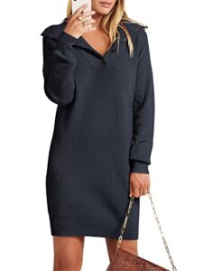 anrabess 2023 fall long sleeve womens sweater dress oversized lapel collar button v neck ribbed loose fit casual trendy pullover short mini fashion dresses b782zanglan-l navy blue