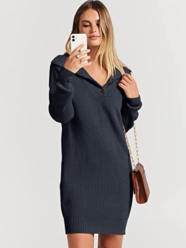 ANRABESS 2023 Fall Long Sleeve Womens Sweater Dress Oversized Lapel Collar Button V Neck Ribbed Loose Fit Casual Trendy Pullover Short Mini Fashion Dresses B782zanglan-L Navy Blue