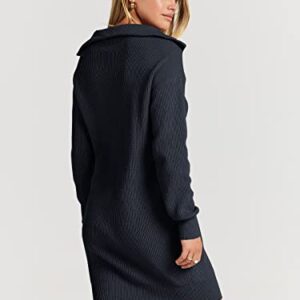 ANRABESS 2023 Fall Long Sleeve Womens Sweater Dress Oversized Lapel Collar Button V Neck Ribbed Loose Fit Casual Trendy Pullover Short Mini Fashion Dresses B782zanglan-L Navy Blue