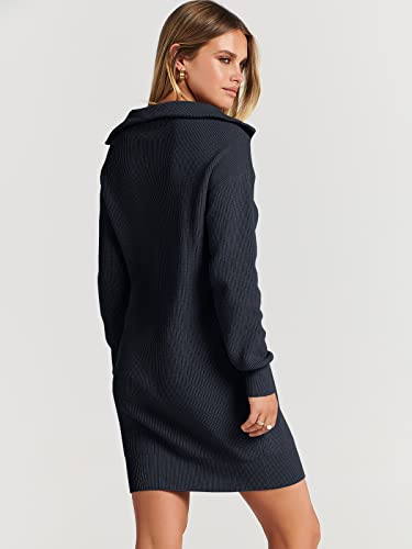 ANRABESS 2023 Fall Long Sleeve Womens Sweater Dress Oversized Lapel Collar Button V Neck Ribbed Loose Fit Casual Trendy Pullover Short Mini Fashion Dresses B782zanglan-L Navy Blue