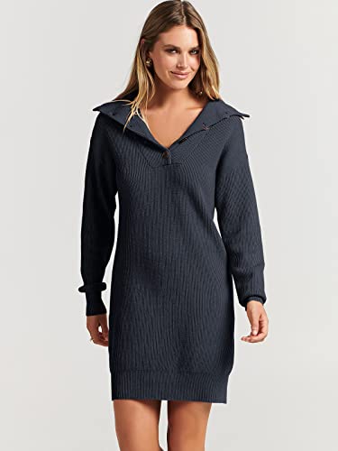 ANRABESS 2023 Fall Long Sleeve Womens Sweater Dress Oversized Lapel Collar Button V Neck Ribbed Loose Fit Casual Trendy Pullover Short Mini Fashion Dresses B782zanglan-L Navy Blue