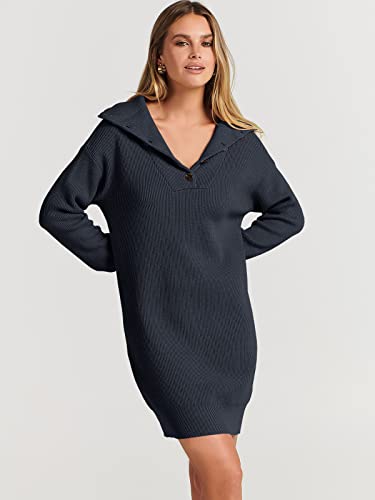 ANRABESS 2023 Fall Long Sleeve Womens Sweater Dress Oversized Lapel Collar Button V Neck Ribbed Loose Fit Casual Trendy Pullover Short Mini Fashion Dresses B782zanglan-L Navy Blue