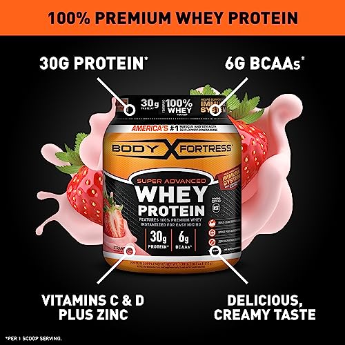 Body Fortress Super Advanced Whey Protein Powder, Strawberry, Immune Support (1), Vitamins C & D plus Zinc, 1.78 lbs (Packaging May Vary)