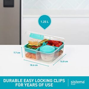 Sistema Bento Box Adult Lunch Box with 3 Compartments, 2 Removable Trays, and Salad Dressing Container, Dishwasher Safe, Color May Vary, 42 oz./1.25L Size (Pack of 4)