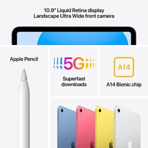 Apple iPad (10th Generation): with A14 Bionic chip, 10.9-inch Liquid Retina Display, 64GB, Wi-Fi 6 + 5G Cellular, 12MP front/12MP Back Camera, Touch ID, All-Day Battery Life – Yellow