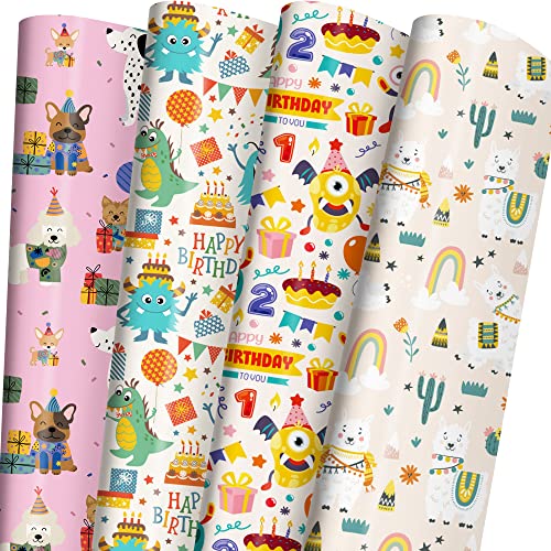 GIOLAINY Birthday Wrapping Paper for Kids Boys Girls Baby Shower - Gift Wrap with Funny Dogs, Cute Monster, llama and ''Happy Birthday'' Design - 8 Sheets (20 * 29 Inch per Sheet), Recyclable, Easy to Store, Not Roll