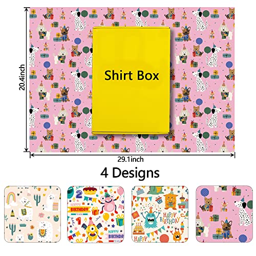 GIOLAINY Birthday Wrapping Paper for Kids Boys Girls Baby Shower - Gift Wrap with Funny Dogs, Cute Monster, llama and ''Happy Birthday'' Design - 8 Sheets (20 * 29 Inch per Sheet), Recyclable, Easy to Store, Not Roll