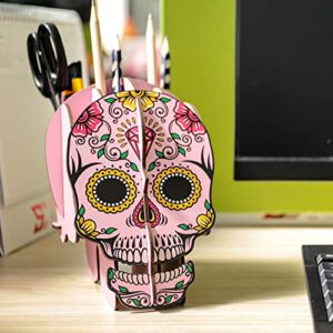 Sugar Skull Pen Pencil Holder, Large Wooden Pen Organizer for Desk with 8 Compartments, Unique Desk Organizer for Office Supplies Makeup Brush Skull Gifts for Women, Skull Desk Accessories (Pink)