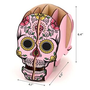 Sugar Skull Pen Pencil Holder, Large Wooden Pen Organizer for Desk with 8 Compartments, Unique Desk Organizer for Office Supplies Makeup Brush Skull Gifts for Women, Skull Desk Accessories (Pink)