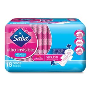 saba ultra invisible ultra thin pads with wings, 108 count (6 packs of 18)