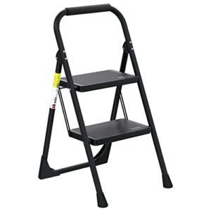 step ladder bavikunp 2 step ladder folding 2 step stools for adults with anti-slip pedal, portable sturdy steel ladder with handrails, perfect for kitchen & household, 500 lbs capacity, matte black