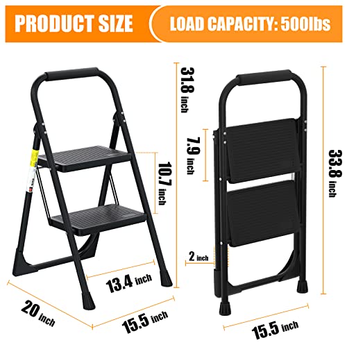 Step Ladder BAVIKUNP 2 Step Ladder Folding 2 Step Stools for Adults with Anti-Slip Pedal, Portable Sturdy Steel Ladder with Handrails, Perfect for Kitchen & Household, 500 lbs Capacity, Matte Black