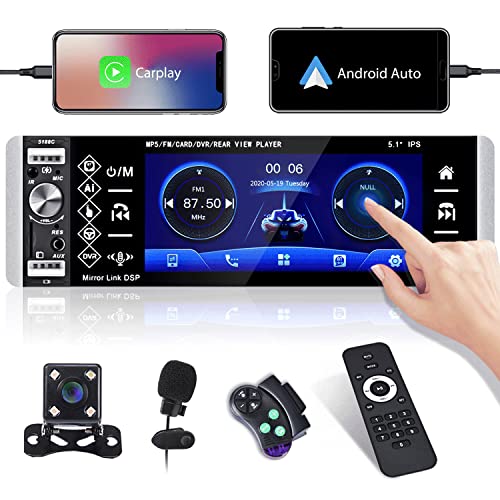 Single Din Car Stereo Compatible with Apple Carplay & Android Auto, Hikity 5.1 Inch Touchscreen Car Stereo Blueooth, Mirror Link, FM, Siri, SWC, USB/AUX/TF Input, Mic, Backup Camera