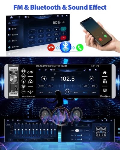 Single Din Car Stereo Compatible with Apple Carplay & Android Auto, Hikity 5.1 Inch Touchscreen Car Stereo Blueooth, Mirror Link, FM, Siri, SWC, USB/AUX/TF Input, Mic, Backup Camera