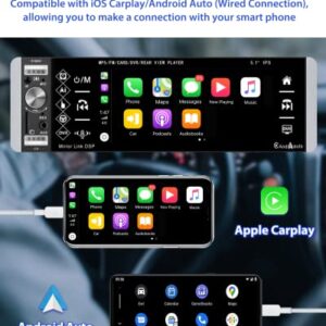 Single Din Car Stereo Compatible with Apple Carplay & Android Auto, Hikity 5.1 Inch Touchscreen Car Stereo Blueooth, Mirror Link, FM, Siri, SWC, USB/AUX/TF Input, Mic, Backup Camera