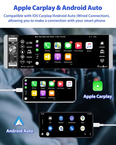 Single Din Car Stereo Compatible with Apple Carplay & Android Auto, Hikity 5.1 Inch Touchscreen Car Stereo Blueooth, Mirror Link, FM, Siri, SWC, USB/AUX/TF Input, Mic, Backup Camera