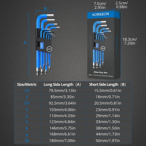 VORXEON 9PCS Allen Wrench Hex Key Set, Metric Long Ball End Allen Key Set L-key with Visible Coding for Bike Motorcycle Repair Furniture Assembly Household DIY (1.5mm-10mm)