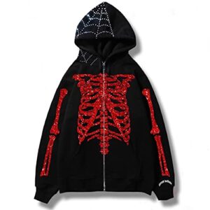 easyoyo skeleton zip up hoodie for men women, gothic y2k jacket diamond glitter oversize grunge punk dark e-girl sweatshirt