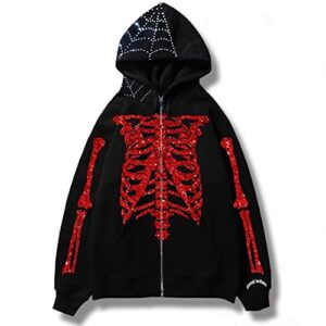 Easyoyo Skeleton Zip Up Hoodie for Men Women, Gothic Y2K Jacket Diamond Glitter Oversize Grunge Punk Dark E-Girl Sweatshirt