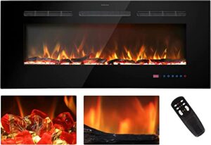 kentsky 48 inches electric fireplace inserts, recessed and wall mounted fireplace heater, linear fireplace w/thermostat, remote & touch screen, multicolor flame, timer, log & crystal, 750w/1500w