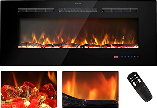 Kentsky 48 inches Electric Fireplace Inserts, Recessed and Wall Mounted Fireplace Heater, Linear Fireplace w/Thermostat, Remote & Touch Screen, Multicolor Flame, Timer, Log & Crystal, 750W/1500W