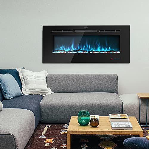 Kentsky 48 inches Electric Fireplace Inserts, Recessed and Wall Mounted Fireplace Heater, Linear Fireplace w/Thermostat, Remote & Touch Screen, Multicolor Flame, Timer, Log & Crystal, 750W/1500W