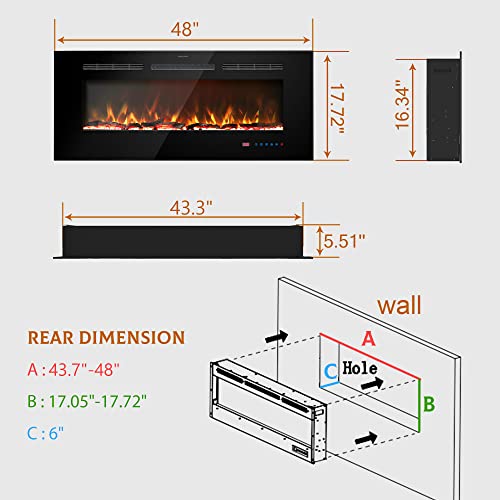 Kentsky 48 inches Electric Fireplace Inserts, Recessed and Wall Mounted Fireplace Heater, Linear Fireplace w/Thermostat, Remote & Touch Screen, Multicolor Flame, Timer, Log & Crystal, 750W/1500W