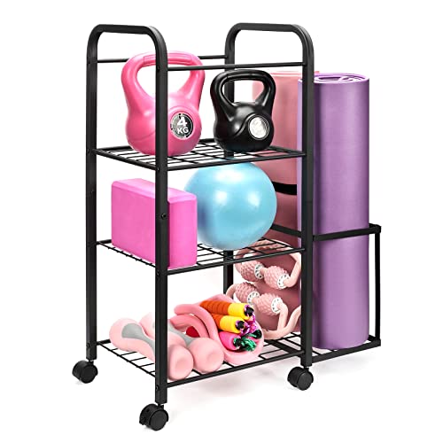 Emfogo Yoga Mat Holder Home Gym Storage Rack Yoga Mat Workout Storage for Foam Roller, Yoga Strap and Resistance Bands, Weight Rack for Dumbbells Workout Equipment Storage Organizer With Wheels