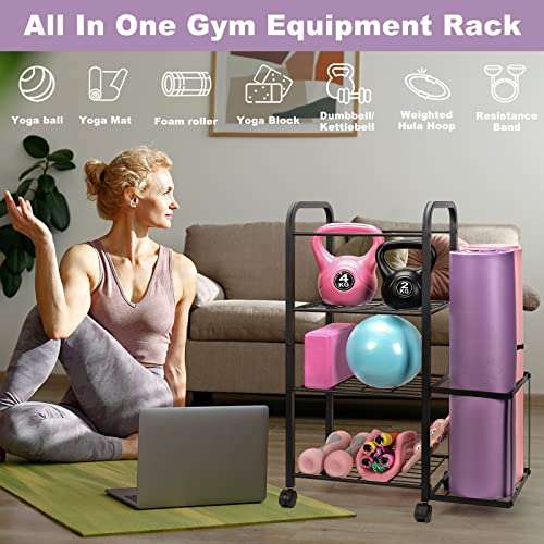 Emfogo Yoga Mat Holder Home Gym Storage Rack Yoga Mat Workout Storage for Foam Roller, Yoga Strap and Resistance Bands, Weight Rack for Dumbbells Workout Equipment Storage Organizer With Wheels